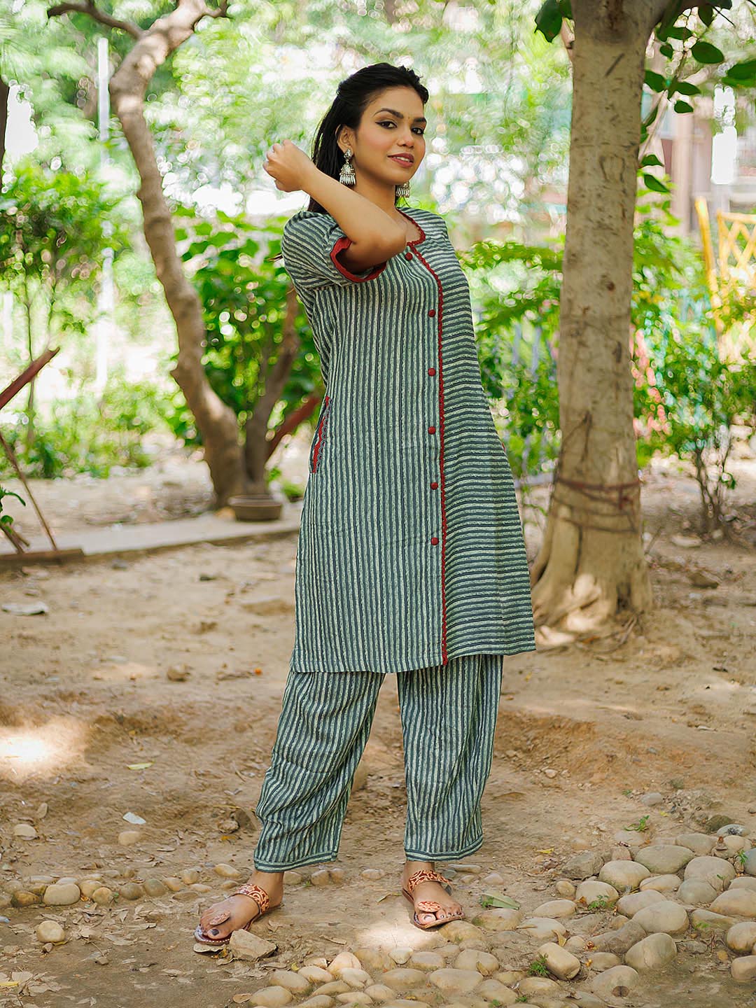 Pista Green Striped Coord Set with Pleated Salwar